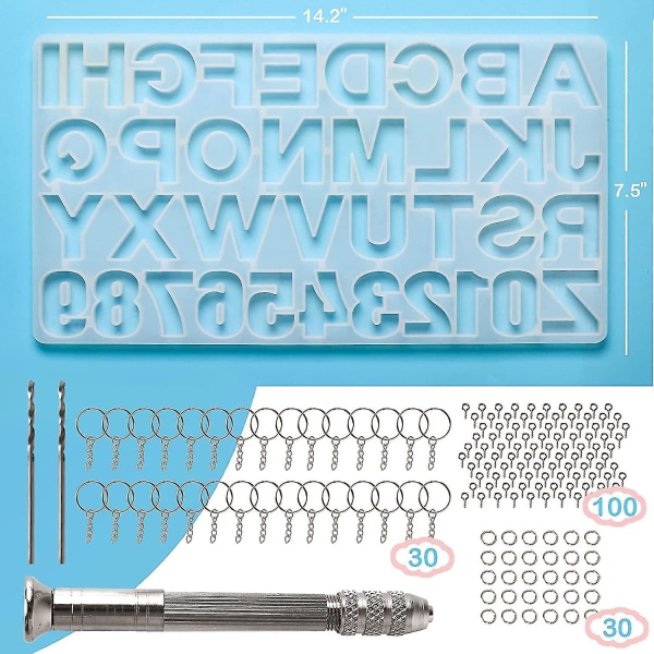 134 stk silikon alfabetet harpiksformer sett bakover bokstavnummer Silikonform Epoksyharpiksstøpeformer Nøkkelringfremstillingssett med 1 håndbor 2 bor-