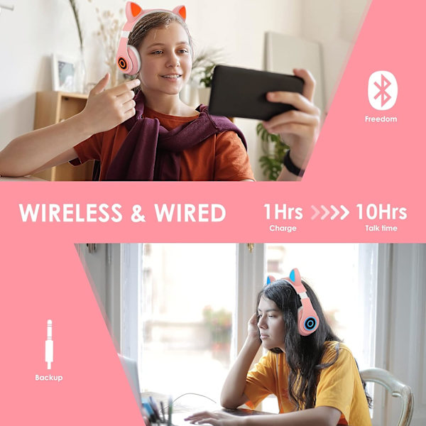 (Rosa) Trådlösa Bluetooth-hörlurar för barn, hopfällbara kattrådlösa hörlurar med stereomikrofon, Bluetooth-hörlurar för barn till PC-telefoner.
