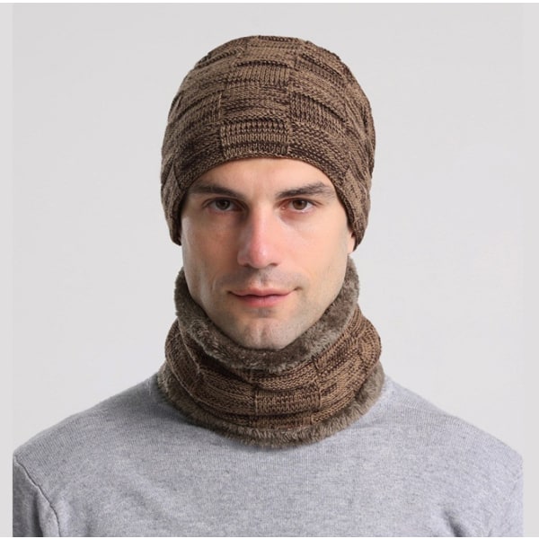 Vinterhue pullover hat tørklædedragt plus fløjls fortykket uldhue mænd Europæiske og amerikanske efterår og vinter strikket hue til mænd (khaki)