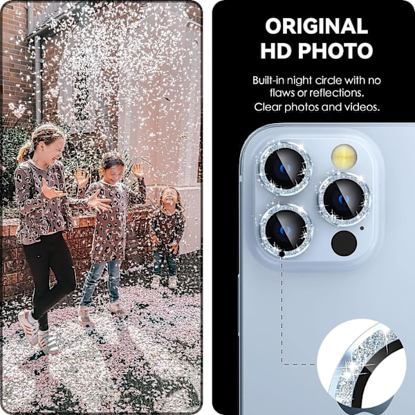 Alpinblå bakre kameraskydd kompatibel med iPhone 13 Pro och iPhone 13 Pro Max, [aluminiumlegering], full täckning och 9H hårdhetsskyddsfilm för objektiv, glitter