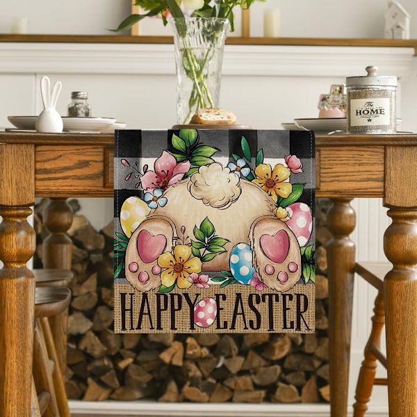 Buffalo Plaid Bunny Egg Blossom Happy Easter Dug, Sæsonbestemt Forårskøkkenbord Dekoration, Perfekt til Hjemmefest Dekoration 13x72 tommer