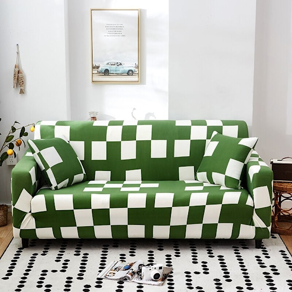 Sofabetræk 2 personers 140-180cm Sofabetræk med moderne armlæn betræk universal elastisk sofa sofabetræk beskyttelsesbetræk grønt og hvidt gitter
