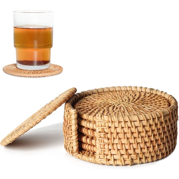 Set med 6 rottingvävda koppunderlägg handgjorda hantverk rottingunderlägg underlägg för drycker heminredning hållare för köksbord drycker (4 * 4 tum)