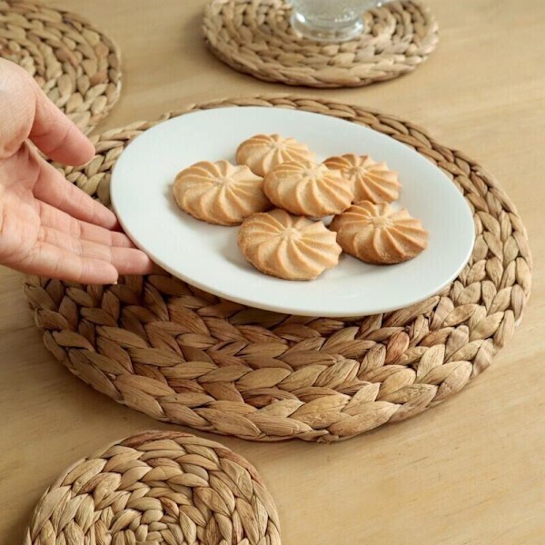 Pöytätabletit, 4 kpl, luonnonmukainen vesihyasintti, pyöreät pöytätabletit, 30 cm, käsin kudottu, korkealaatuinen keittiöön, ravintolaan, ruokapöytään