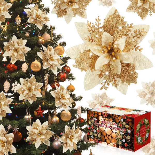 Julgransprydnader Blommor - 12 st Konstgjorda Röda Guld Julstjärna Julgransprydnader Glitter Jul Nyår Bröllopsfest Krans