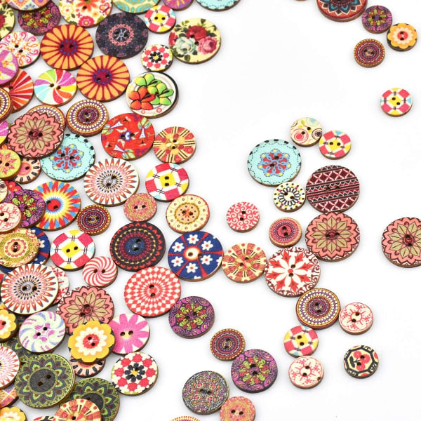 100 stk syknapper Retro treknapper Runde blomstermaleri Geometrier Flerfarget 2 hull dekorative knapper for syhåndverk Bric