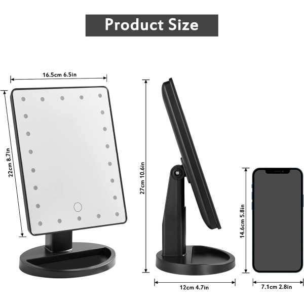 Lighted Mirror, 10X Magnifying LED Makeup Mirror, LED Mirror, USB og batteri opplading, 180° Makeup Mirror, Lighted Magnifying Mirror for Makeup, Sh
