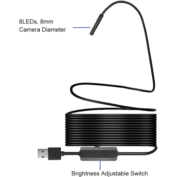 Industrielt endoskopisk inspeksjonskamera med 8 integrerte LED-lys, 8 mm linse, vanntett IP67, USB (2 m stiv ledning)