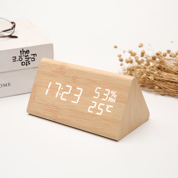 Triangulär träväckarklocka kreativ ljudkontroll LED temperatur och luftfuktighet trä digital elektronisk klocka trä vit vitt ljus（Wood br