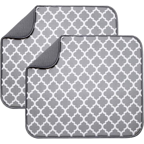 Sett med 2 mikrofiber tørkematter for oppvaskkum, absorberende tørkematte for glass, tallerken og kopp 40 cm x 46 cm, grå støtte