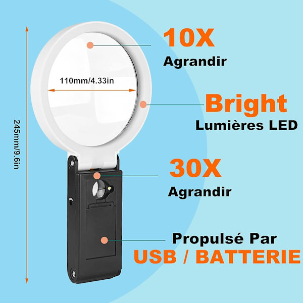 Stor 4,35 tommer 10X 30X forstørrelsesglas med lys og stativ, bærbar LED-belyst forstørrelsesglas, sammenklappelig læseforstørrelsesglas til seniorer