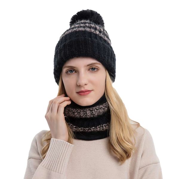 Dammössa Set, Fleecefodrad Stickad Halsduk Varm Mössa med Pom Pom Vinter Varm Set, Mössor för Medelstora till Stora Barn