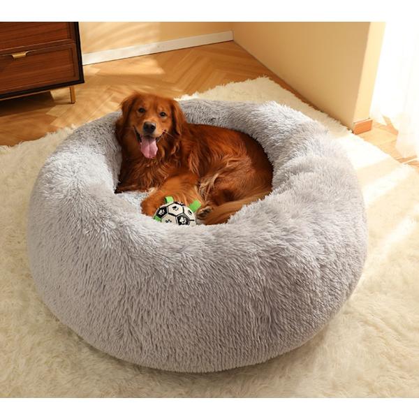 Myk plysj katte beroligende hunde seng, rund vaskbar kjæledyrseng for store hunder og mellomstore katter, plysj kunstpels opptil 11/15/24/45 kg, grå