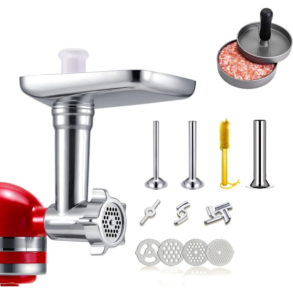 Metallinen lihamyllyn lisäosa KitchenAid-yleiskoneisiin, makkarasuppilo sisältäen kaksi makkarasuppilon putkea, täydellinen ja kestävä lisäosa Mi