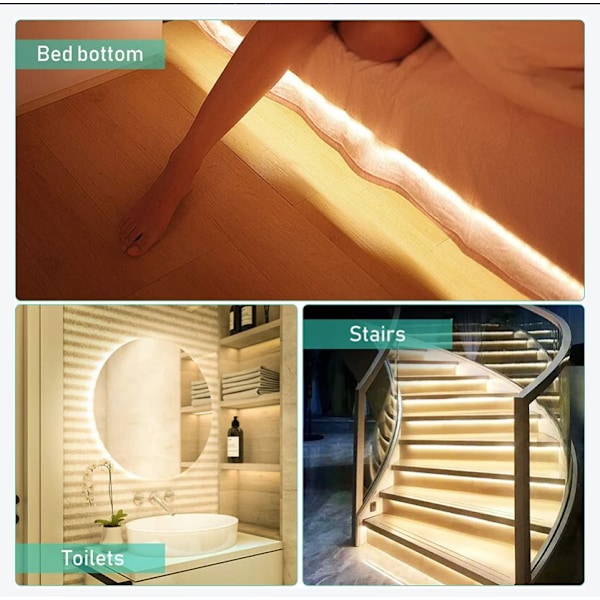 LED-stripe med bevegelsessensor, 2m batteridrevet LED-stripe med IR-fjernkontroll, 3500K, varm hvit, for belysning av soverom, garderober og trappeoppgang
