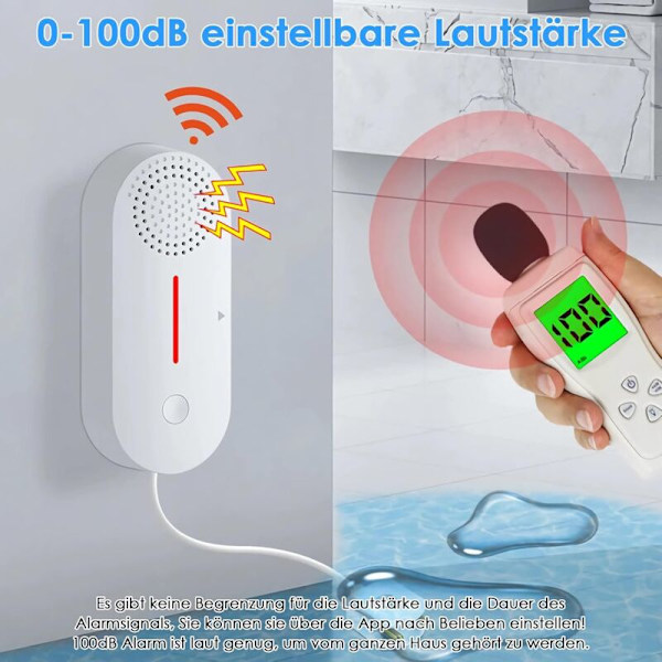 WiFi-vesivuotohälytin, vedenkorkeushälytin, 100 dB:n vesihälytin, vesivuotoanturi langaton, push-ilmoitukset Tuya/Smart Life -sovelluksissa