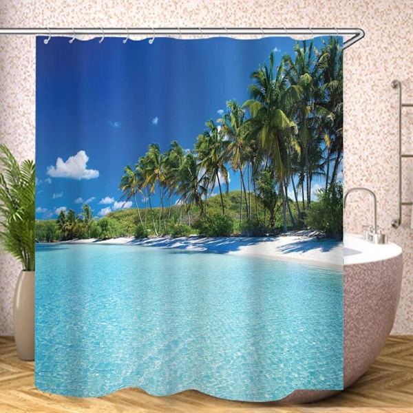 Tekstil bruseforhæng 180 x 180 cm - Strandmønster - Vandtæt - Dekorer dit badeværelse