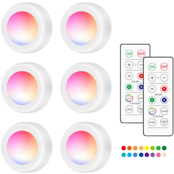 RGB 16 farger skiftbare LED-er runde skapbelysning Pat-lys 3*AAA batteri uten batteri, sett med 6 stykker med 2 fjernkontroller