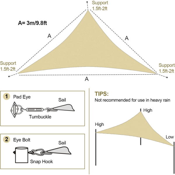 (Beige - med reb) Trekantet skygge sejl 3x3x3m, Vandtæt PES materiale - Ripstop skygge klud, Skygge sejl til terrasse, dæk, balkon, have