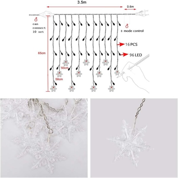 Ljus snöflinga, 4m ljusslinga, fönsterdekoration, jul, bröllop, varmvit årsdag