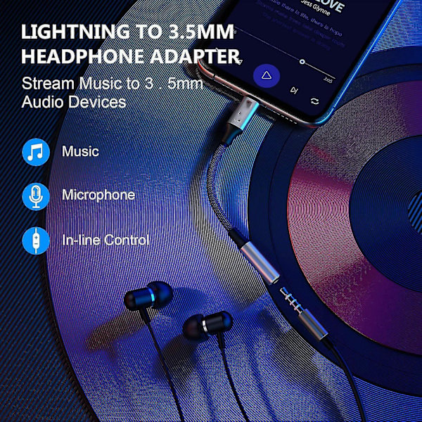 Konverter, Lightning til 3,5 mm adapter, iPhone hovedtelefonadapter grå