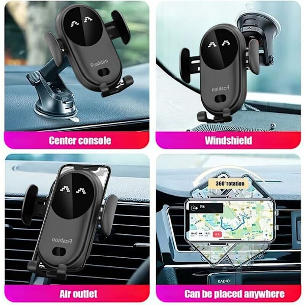 Trådløs billader, automatisk klemmende billader 360° rotasjon biltelefonladerklips for iPhone Samsung Huawei LG alle enheter (svart)