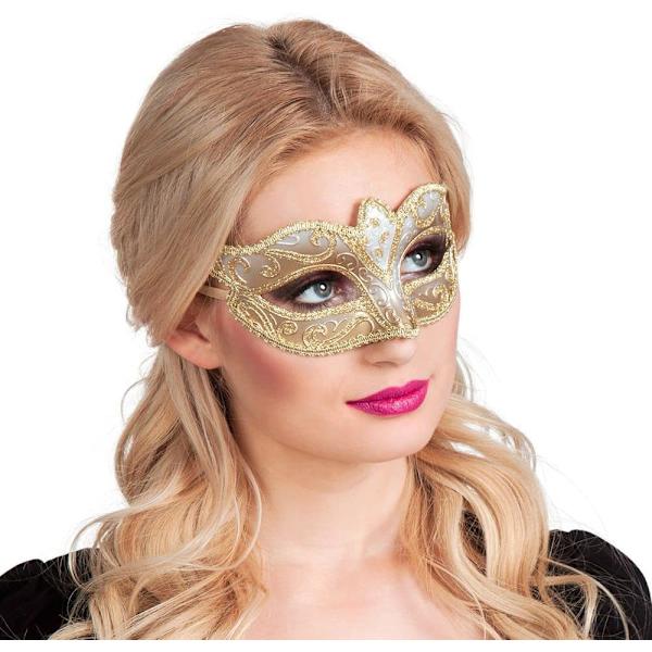Venetiansk Felina øyemaske, gull, elastisk, ornamenter, maskeradeball, Venezia, karneval, temafest, kostyme