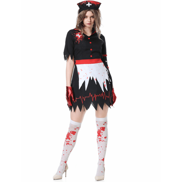 Nurse Uniform Halloween Blood-Stained Female Nurse Uniform Cosplay Zombie COS Medical Uniform (Socks Not Included)