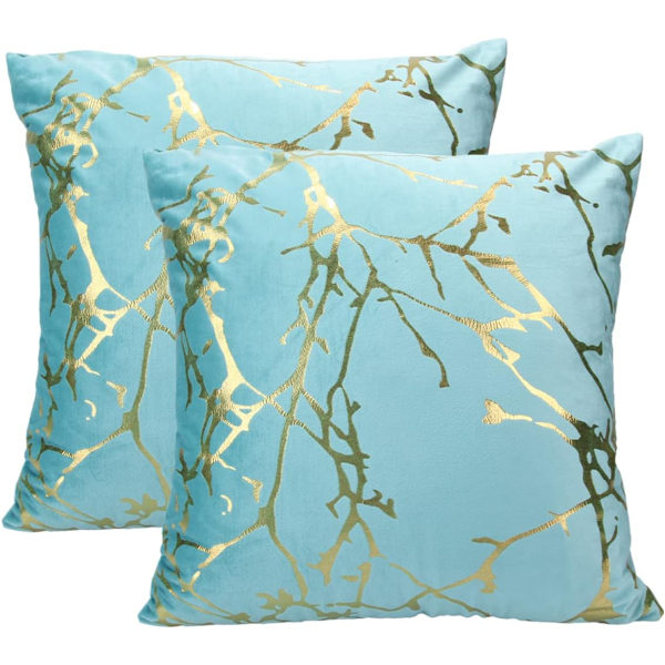 Blå 45x45 cm, Set med 2 Sammet Kuddfodral för Soffa, Sovrum, Bil med Gyllene Gren Dekorativa Kuddfodral