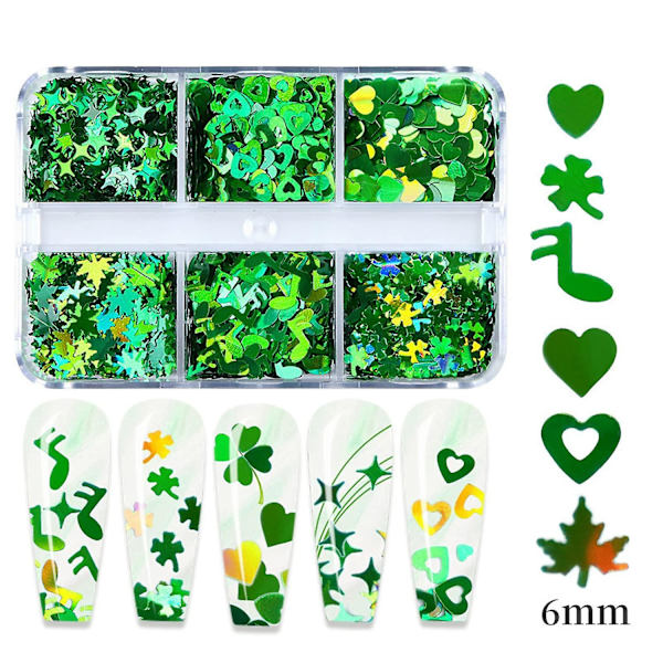 6 Rutor St. Patricks Day Nagelkonst Glitter Sekvenser, 3D Holografiska Shamrock Nagelkonst Flakes, Naglar Konst Dekaler För Kvinnor Flickor