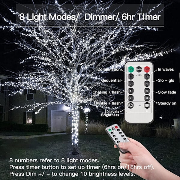 66ft 200 LED utomhus ljusslinga, vita ljusslingor batteridriven med fjärrkontroll, LED-ljusslingor för sovrum, krans, uteplats, gobeläng, Backya