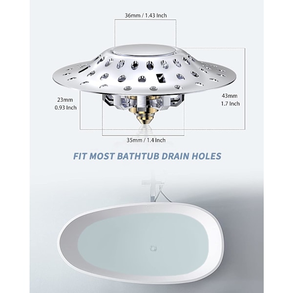 Badekarplugg, Universell Badekarplugg, Badekaravløp Hår Catcher, Rustfritt Stål Filtrering Pop Up Badekarplugg for Badekar 37mm-48mm (1.45\"-1.9\") Avløp