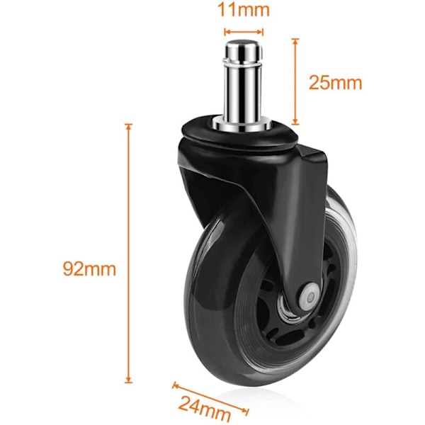 5 kpl Ruletti Kumiset toimistotuolin pyörät 11mm x 22mm, 360° pyöritys pelituoleille, hiljaiset varaosapyörät ilman jälkiä, musta