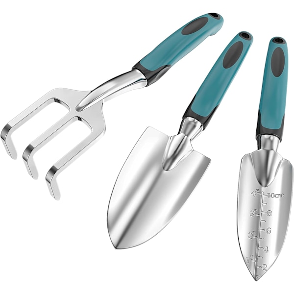 Havearbejde Værktøjer Heavy Duty Støbt Aluminium 3 Stykke Havearbejde Kit Indeholder Hånd Skovl, Pode Skovl og Håndrive med Blødt Gummigreb(Mørkegrøn
