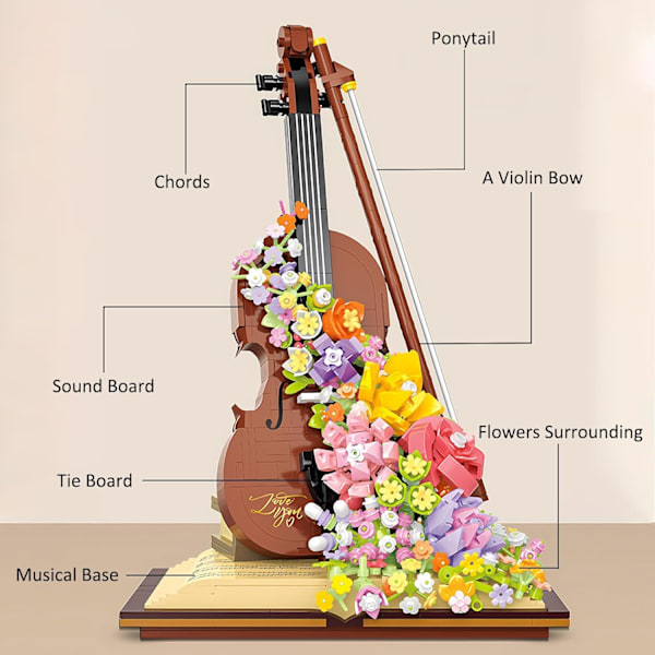 Violin instrument byggeklodssæt, kreativ DIY violinmodel, bygget med blomster (950 stykker)