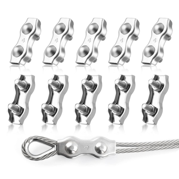 M4 Duplex Kabelbinder Clips, 10 stk. 304 Rustfrit Stål Duplex Wire Rope Clips, 4mm Kabelklemme til Wire Rope Tøjliner, Solsejl