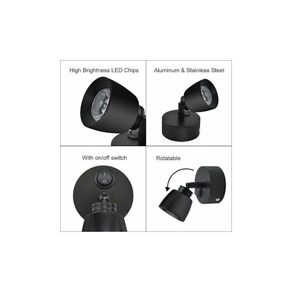 2 stk. LED læselampe 12V 3W - Sort indvendig væglampe med kontakt - Fleksibel belysning 180 ° RV Til båd campingvogn autocamper yacht varevogn (varm hvid).