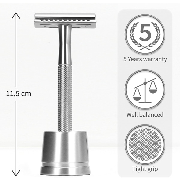 Silver Safety Razor med stativ - Metal Safety Razor - Rakhyvel för män och kvinnor - Zero Waste - Mekanisk Rakhyvel - Manuell Rakning - Barberar Rakhyvel