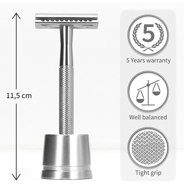 Sølv barberhøvel med stativ - Sikkerhetshøvel i metall - barberhøvel for M