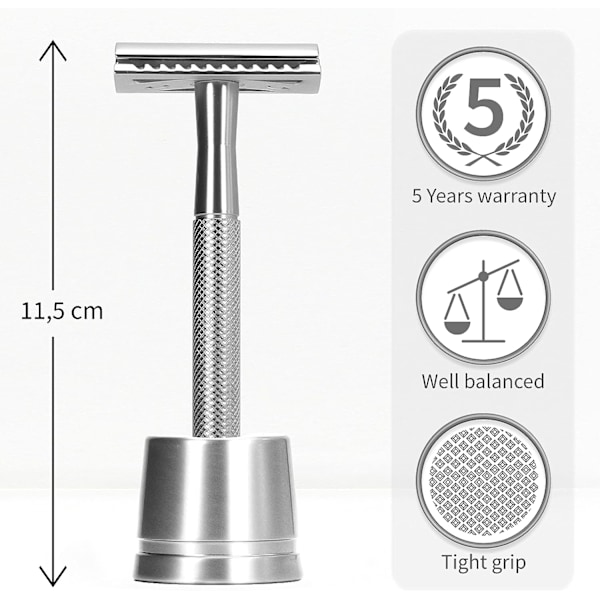 Sølv sikkerhedsbarbermaskine med stativ - Metal sikkerhedsbarbermaskine - Barbermaskine til mænd og kvinder - Zero Waste - Mekanisk barbermaskine - Manuel barbering - Barberkniv