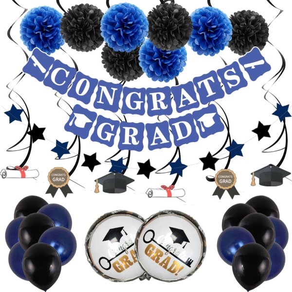 Eksamensballongdekorasjoner (svart og blå), bannerpapir pomponger viftehengende virvler konfettikonfetti krans festballonger graduati
