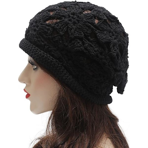 （Svart）Våren Høst Beanies Dame Håndlaget Heklet Slouchy Beanie