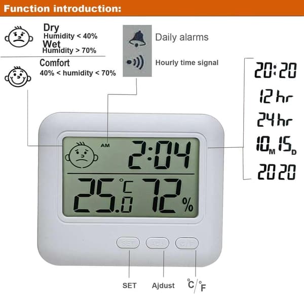 Indendørs termometer hygrometer fugtighedstidsmonitor stort LCD-display med alarmur