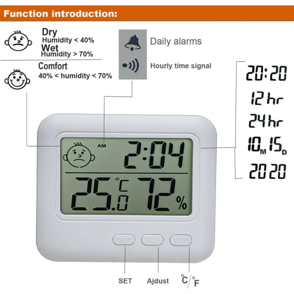 Innendørs termometer hygrometer fuktighetstidsmonitor stor LCD-skjerm med alarmklokke