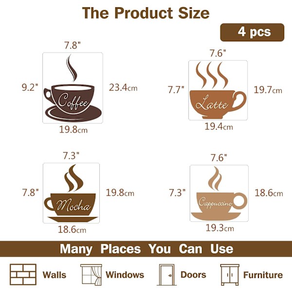 1 sarja 4 kahvi latte mokka cappuccino ruskea seinätarraa kuori ja kiinnitä irrotettavat vinyyli seinätarrat keittiöön kahvilaan baariin olohuoneen seinäkoristeluun