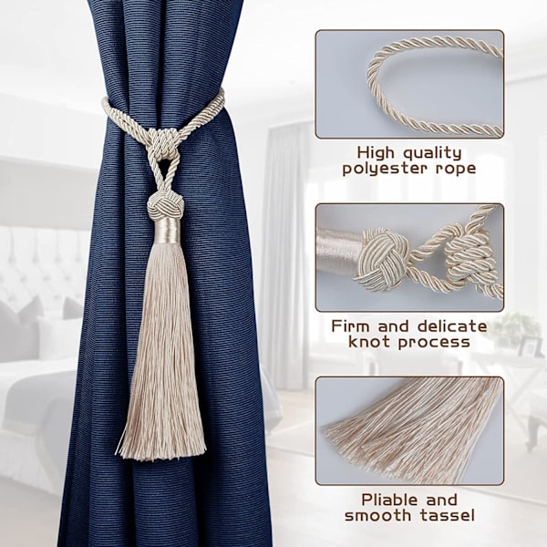 Sæt med 4 gardinholdere reb flettet polyester bomuld webbing gardinholdere med kvast dekorative gardin tilbehør, beige