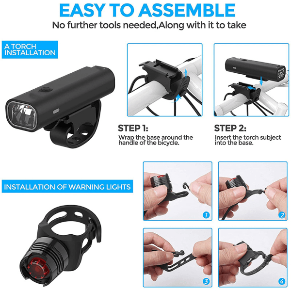 Cykellysgruppe (for- og baglysgrupper), cykellygte LED, 2 lystilstande, USB-genopladelig, vandtæt, 400 lumen