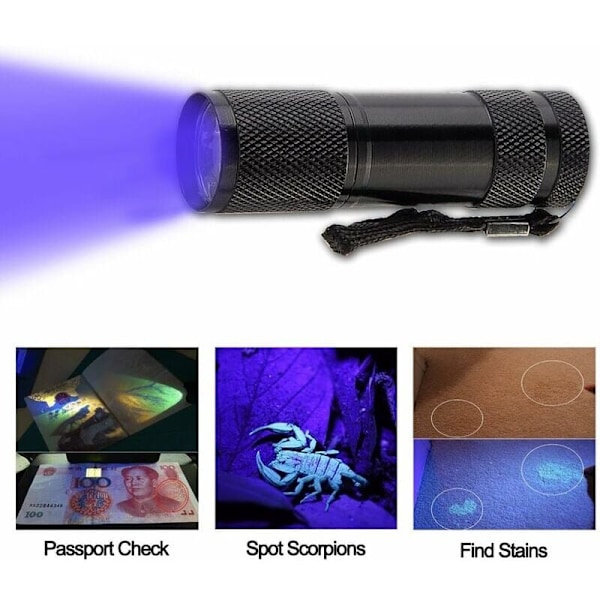 UV/svartljuslampa med 9 lysdioder, LED UV-ficklampa, fläckdetektor, hitta fläckar på kläder, mattor eller heltäckningsmattor (batterier ingår ej)