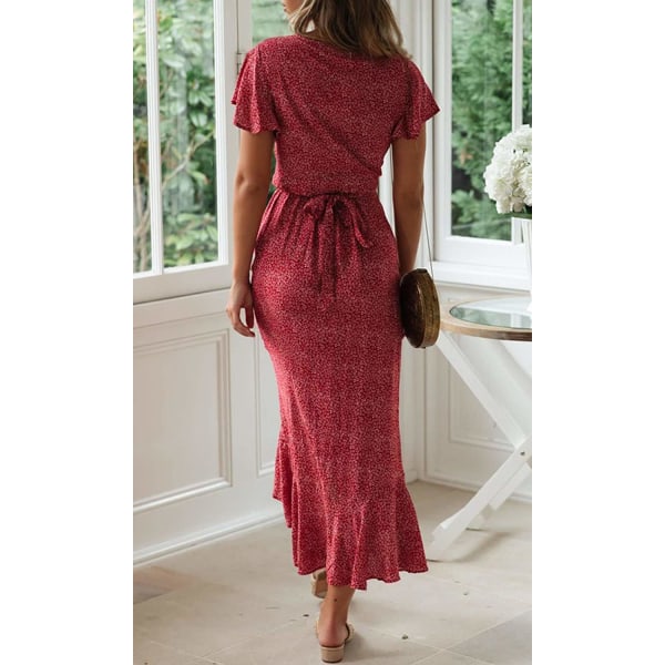 Kvinder 2023 Boheme Blomsterprint Maxi Kjole Wrap V-hals Kort Ærme Slid Strandfest Maxi Kjole