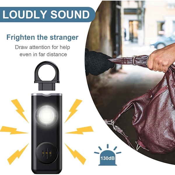 Personligt larm nyckelring för kvinnors säkerhet - Hög 130 dB siren med stroboskopljus och karbinhake - Hjälper kvinnor, barn, män, seniorer, äldre nödsituationer